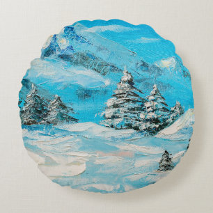  Oil painting, winter mountain landscape with spru Rond Kussen