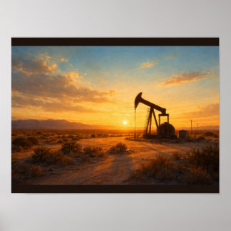 Oil pump silhouette at sunset poster