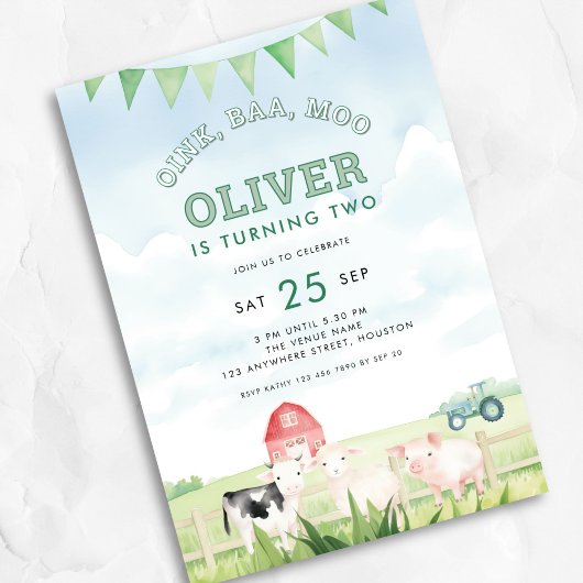 Oink Baa Moo Boerderijdieren 2e Verjaardagsfeest B Kaart