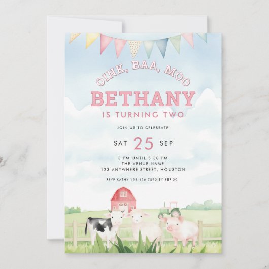 Oink Baa Moo Boerderijdieren 2e Verjaardagsfeest R Kaart (Voorkant)