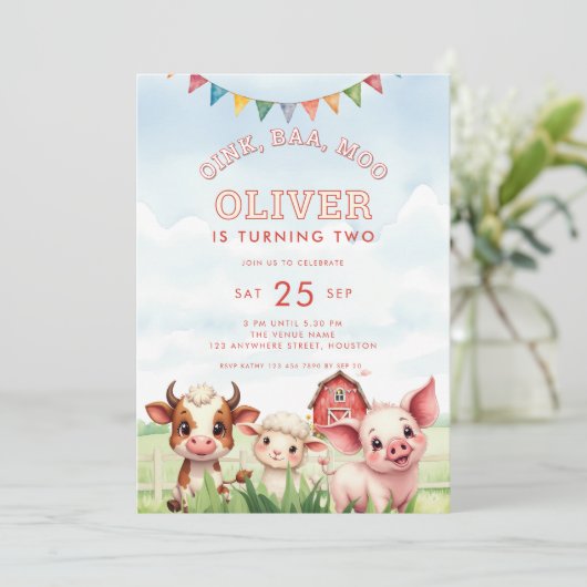 Oink Baa Moo Cute Farm Animals 2nd Birthday  Kaart (Staand voorkant)