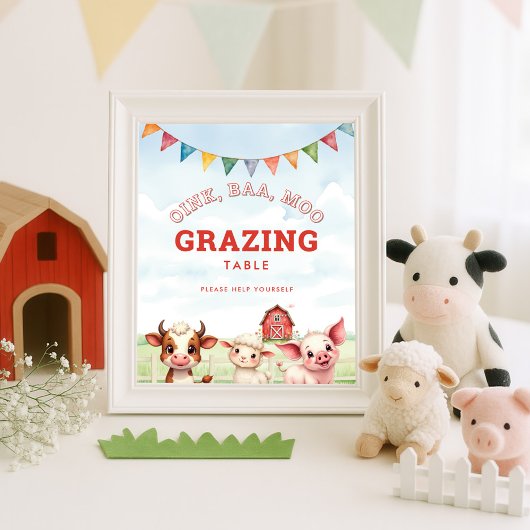 Oink Baa Moo Cute Farm Animals Food Table Sign Poster