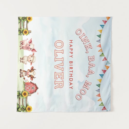 Oink Baa Moo Cute Farm Animals Happy Birthday Wandkleed (Voorkant (horizontaal))
