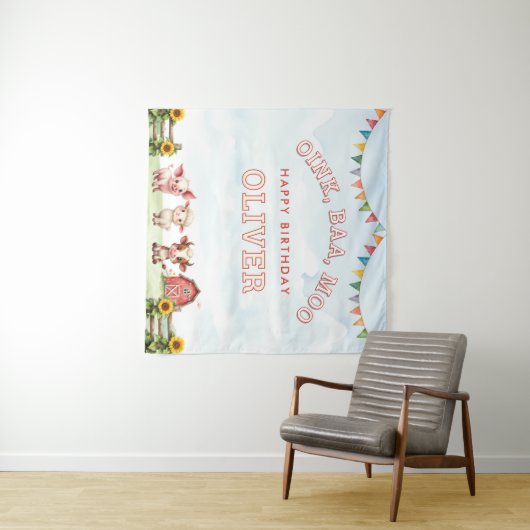 Oink Baa Moo Cute Farm Animals Happy Birthday Wandkleed (In Situ (horizontaal))