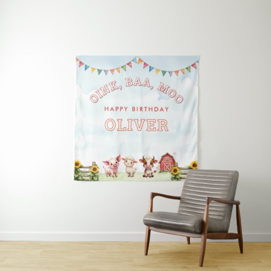Oink Baa Moo Cute Farm Animals Happy Birthday Wandkleed (In situ)