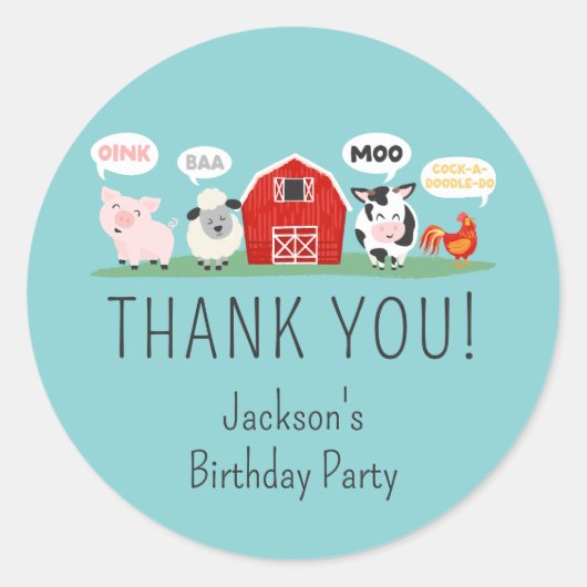 Oink Baa Moo Dank u Boerderij Dierenfeest Ronde Sticker (Voorkant)