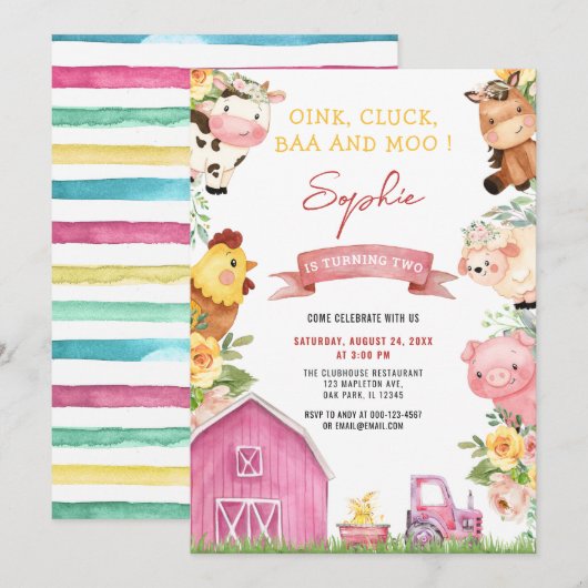 Oink Baa Moo Farm Animals Barnyard Birthday Kaart (Voorkant / Achterkant)