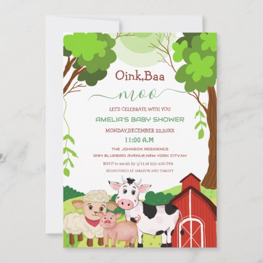 oink baa moo klein dier baby shower Uitnodiging (Voorkant)