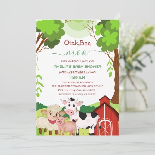 oink baa moo klein dier baby shower Uitnodiging (Staand voorkant)