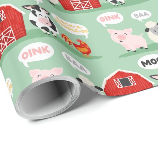 Oink Baa Moo Schuur Boerderij Verjaardagsfeest Cadeaupapier (Rol Hoek)