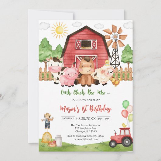 Oink Baa Quack Moo Farm Animals Birthday Kaart (Voorkant)