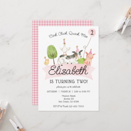 Oink Baa Quack Moo Girls Barnyard Birthday Party I Kaart (Voorkant / Achterkant in situ)