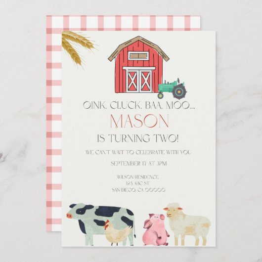 Oink Cluck Baa Moo Digitale Uitnodiging (Voorkant / Achterkant)