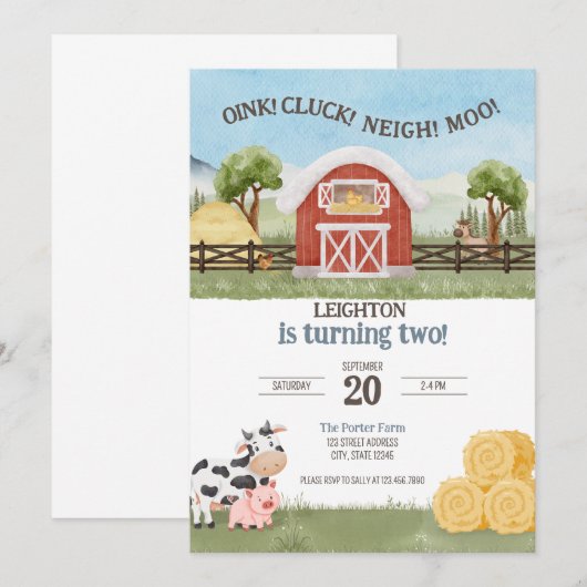 Oink Cluck Neigh Moo Boerderij Kids Verjaardagsuit Kaart (Voorkant / Achterkant)