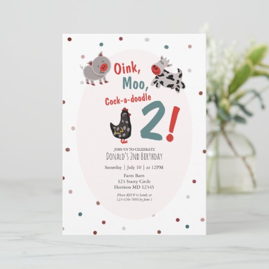 Oink Moo Boerderij Uitnodiging tweede verjaardag (Staand voorkant)
