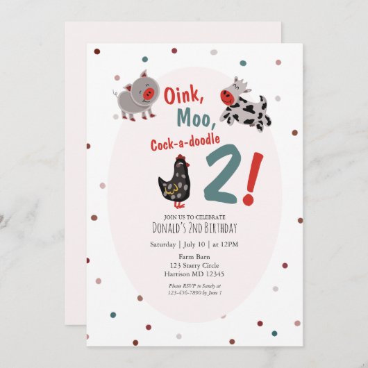 Oink Moo Boerderij Uitnodiging tweede verjaardag (Voorkant / Achterkant)