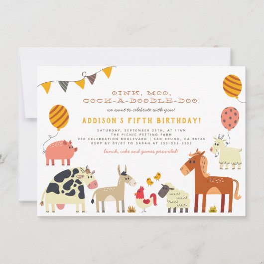 Oink Moo Cock-a-doedle-doo Farm Animals Birthday Kaart (Voorkant)