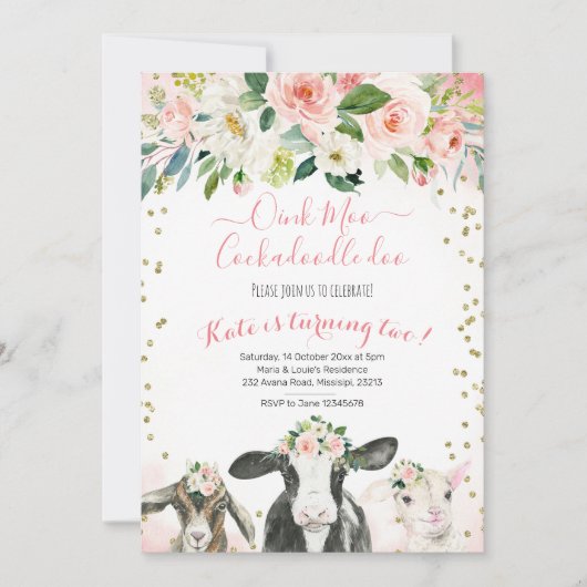 Oink Moo Cockadoodle Doo Girl Birthday Uitnodiging (Voorkant)