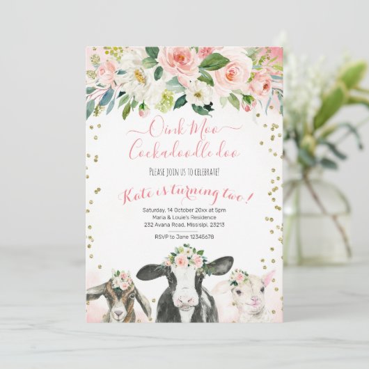 Oink Moo Cockadoodle Doo Girl Birthday Uitnodiging (Staand voorkant)