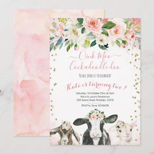 Oink Moo Cockadoodle Doo Girl Birthday Uitnodiging (Voorkant / Achterkant)