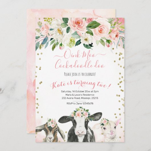 Oink Moo Cockadoodle Doo Meisje Verjaardagsuitnodi Kaart (Voorkant / Achterkant)