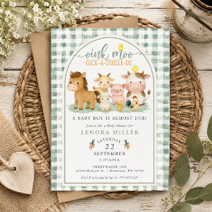 Oink Moo Groen Gingham Boerderijdier Baby Shower Kaart