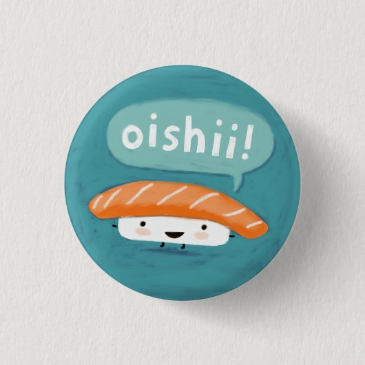 Oishii Sushi | Karakter van Kawaii Salmon Sashimi Ronde Button 3,2 Cm (Voorkant)