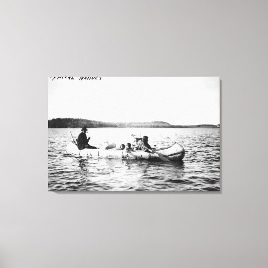 Ojibwa Indiërs kruisen meer op Canoe Foto Canvas Afdruk (Voorkant)
