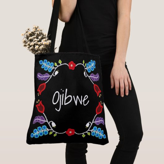 Ojibwe bloemmotief zwart tote bag (Dichtbij)