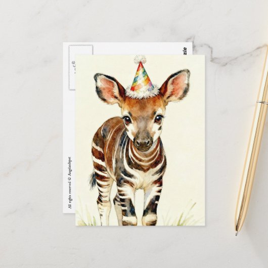 Okapi baby in een feestmuts  briefkaart (Voorkant / Achterkant in situ)