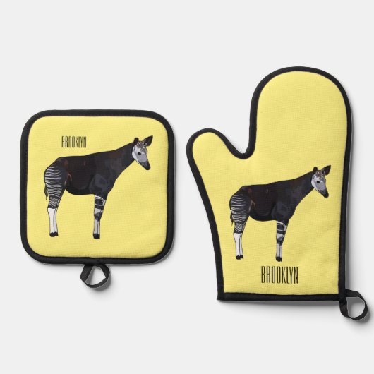 Okapi cartoon illustratie ovenwant & pannenlap set (Voorkant)