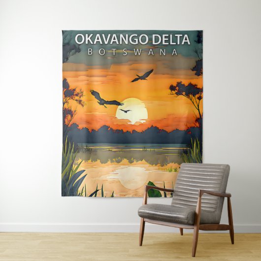 Okavango Delta – Retro Reisposter van Botswana Wandkleed (In situ)