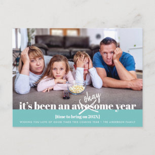 Oké nieuwjaar oude moderne grappige foto Turquoise Feestdagenkaart