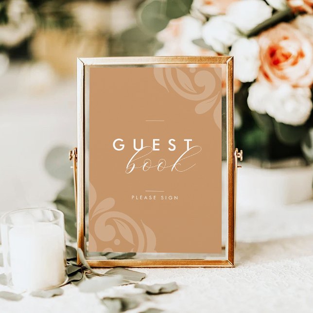 Oker Elegant Minimal Damask Guestbook Sign (Creator heeft geüpload)