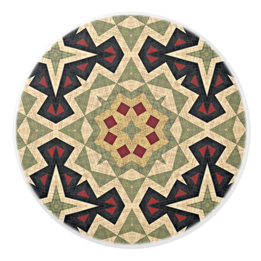 Oker Mosterd Geel Olijfgroen Zwart Tribal Art Keramische Knop (Voorkant)