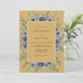 Oker Sophisticated Blauwe Botanische Bruiloft Kaart (Staand voorkant)