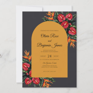 Oker Tropische Anthurium Eucalyptus Bruiloft Kaart