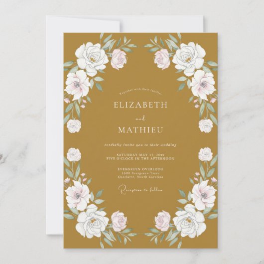 Oker Witte Ranunculus Eucalyptus Bruiloft Kaart (Voorkant)