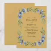 Okerblauwe Bloemrijke Bruiloft Kaart (Voorkant / Achterkant)
