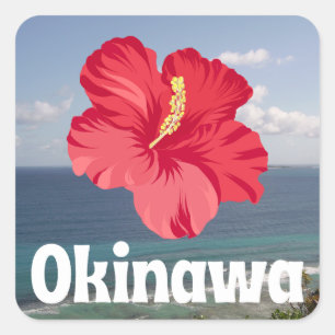 Okinawa Schilderachtig Uitzicht en Hibiscus Poster Vierkante Sticker