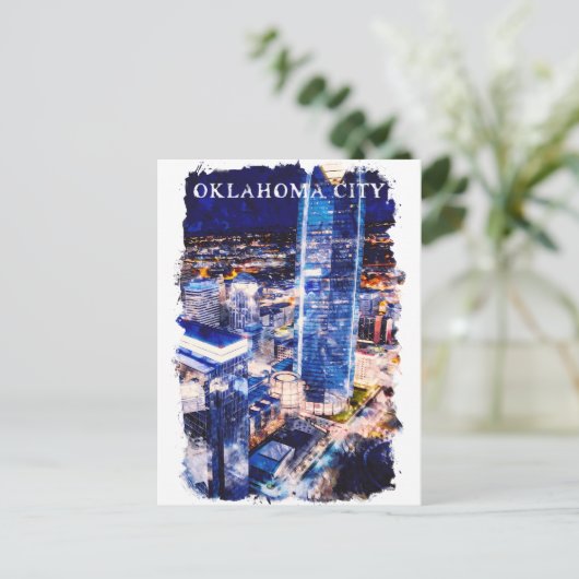 Oklahoma City Night Uitzicht Waterverf Briefkaart (Staand voorkant)