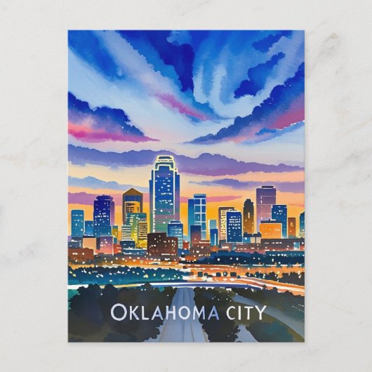 Oklahoma City Night Waterverf Briefkaart (Voorkant)