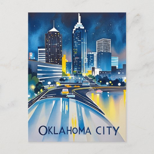 Oklahoma City Night Waterverf Briefkaart (Voorkant)