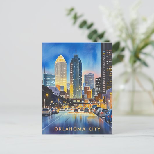 Oklahoma City Night Waterverf Briefkaart (Staand voorkant)
