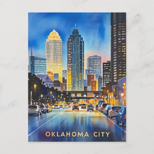 Oklahoma City Night Waterverf Briefkaart (Voorkant)