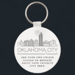 Oklahoma City Stylized Skyline | Aangepaste slogan Sleutelhanger<br><div class="desc">Een unieke sleutelketen die de prachtige stad Oklahoma City vertegenwoordigt. Deze sleutelhanger bevat een gestileerde illustratie van de unieke skyline van de stad met de naam eronder. Onder de stadsnaam bevindt zich een plek voor je unieke slogan of verklaring over je favoriete stad.</div>