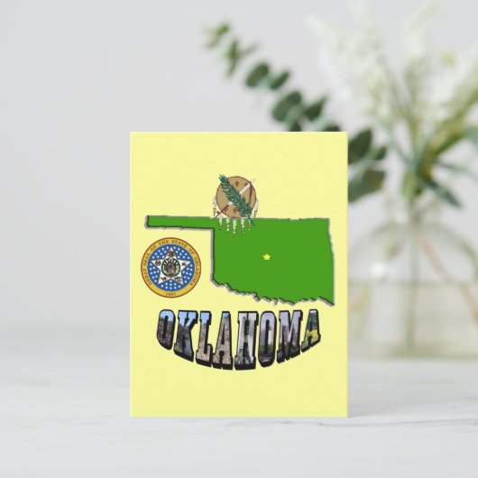 Oklahoma kaart overzicht, zegel en Afbeelding teks (Staand voorkant)