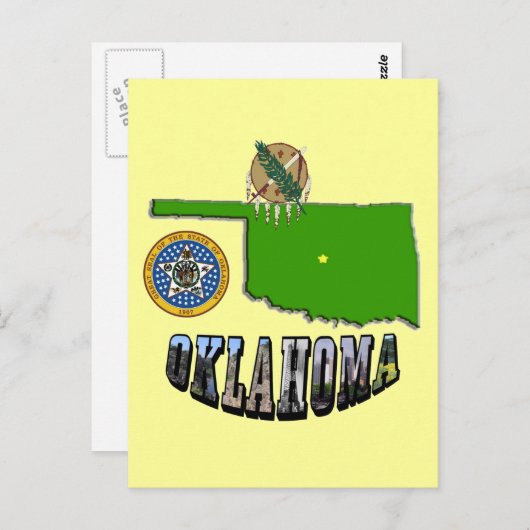 Oklahoma kaart overzicht, zegel en Afbeelding teks (Voorkant / Achterkant)