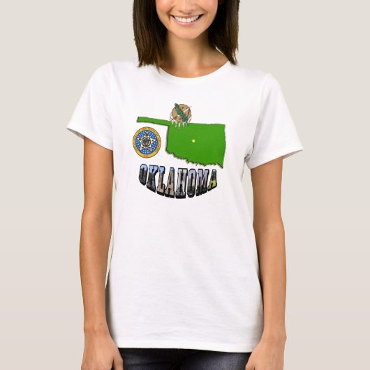 Oklahoma kaart overzicht, zegel en Afbeelding teks T-shirt (Voorkant)