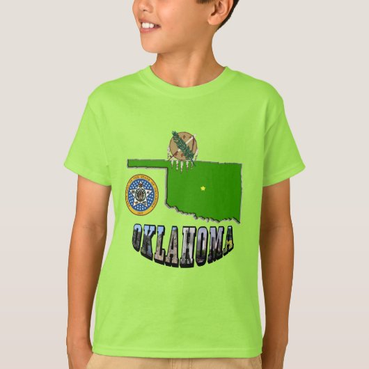 Oklahoma kaart overzicht, zegel en Afbeelding teks T-shirt (Voorkant)